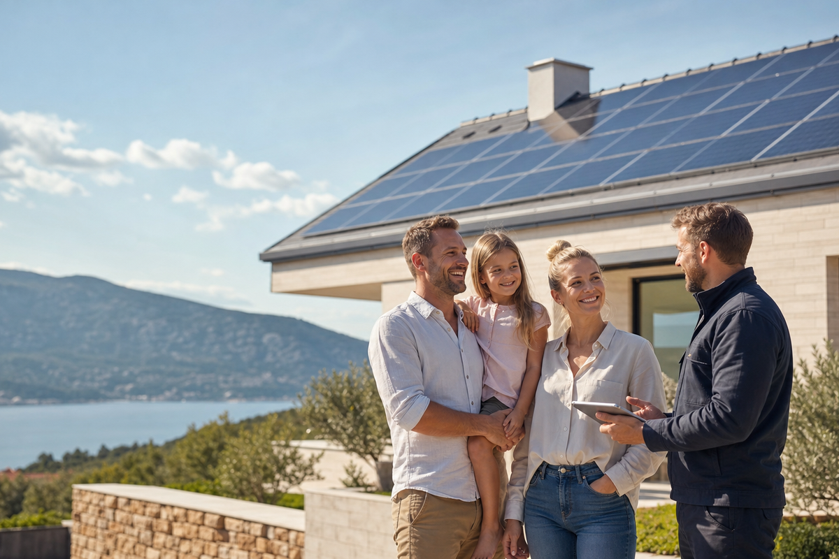 Obitelj i solarni stručnjak ispred kuće sa solarnom elektranom