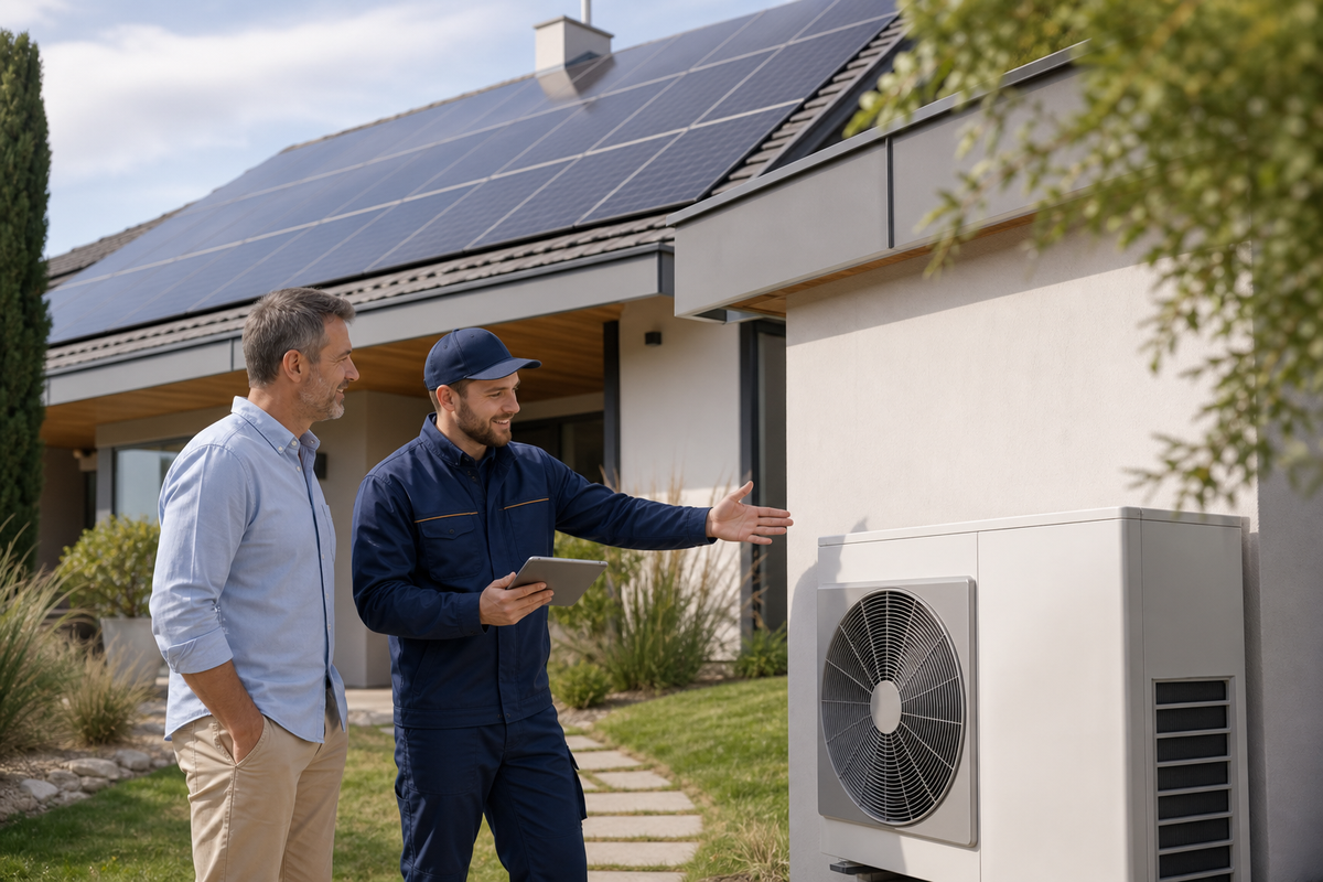 Vlasnik kuće i tehničar razgovaraju o elektrani od 10 kW i toplinskoj pumpi