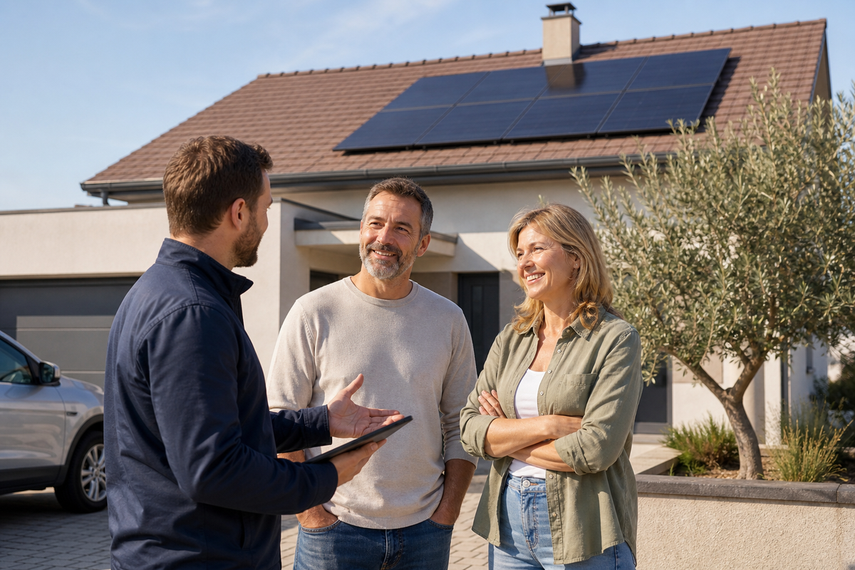 Solarni stručnjak razgovara s vlasnicima kuće o elektrani od 6 kW